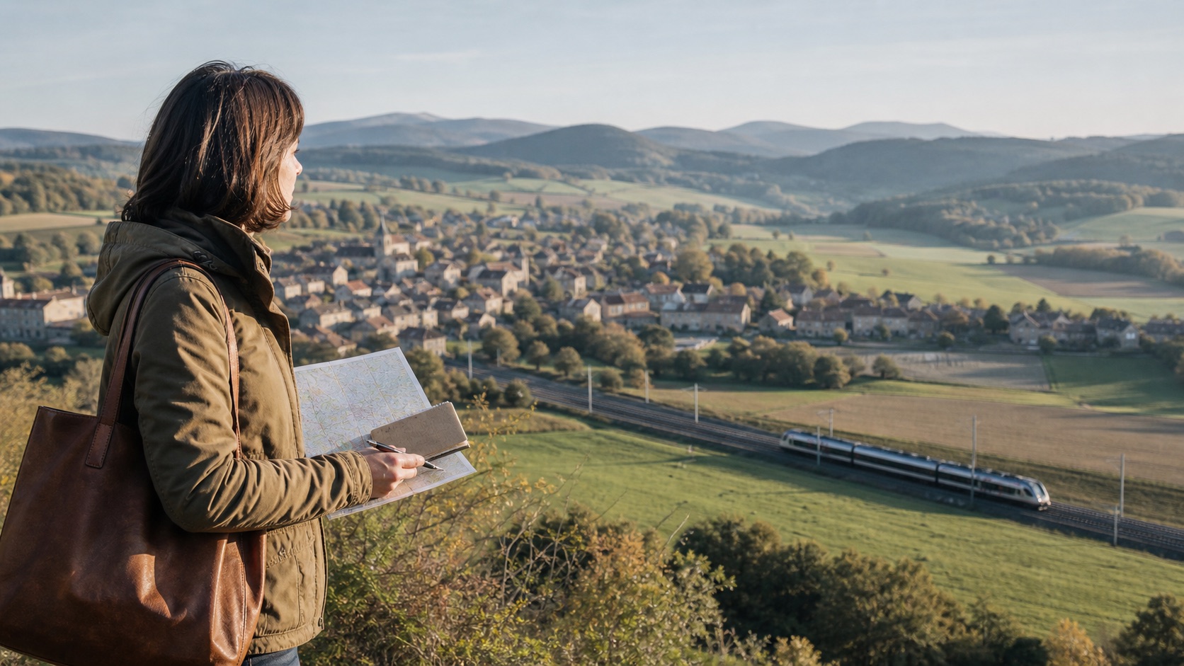 Eine Reisende betrachtet von einem Aussichtspunkt einen französischen Ort, Felder und eine Bahnstrecke